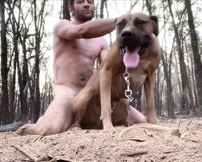 Сек мужчины с верной собакой в лесу, зоо попно